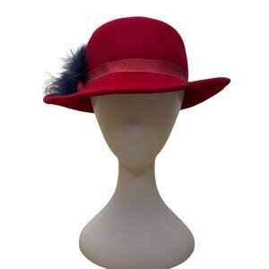 Betmar Womens Red Wool Fedora Hat With Feather Band Detail